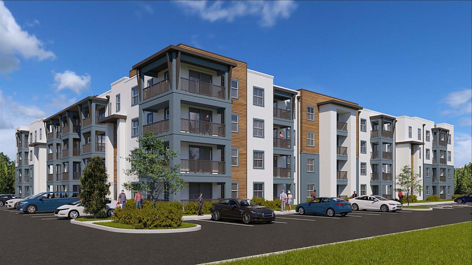 Exterior view of Venice Shores apartment buildings showcasing modern architecture, private balconies, and manicured green spaces.