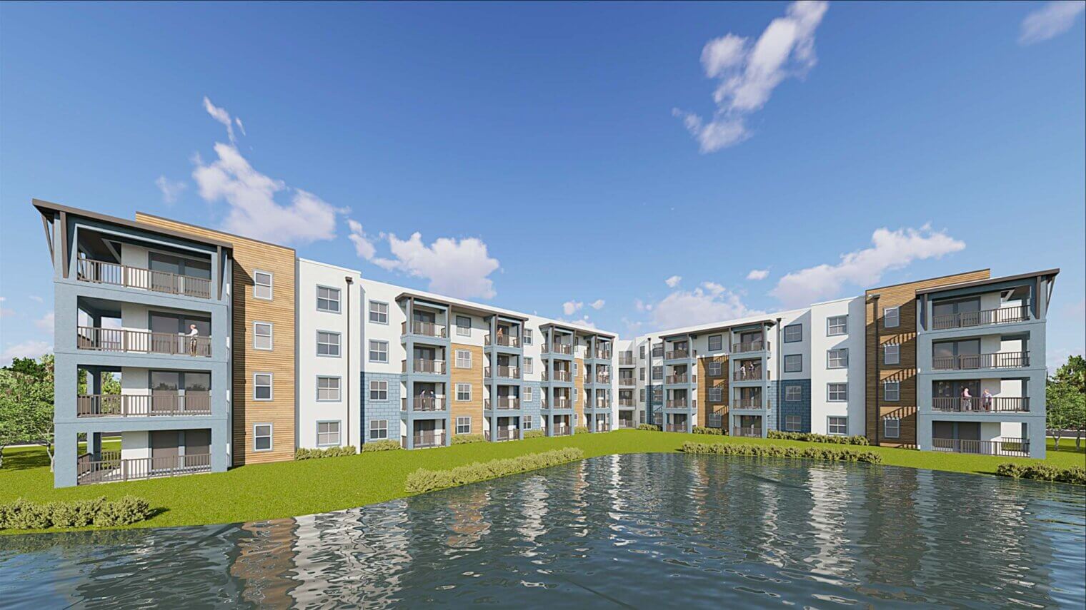 rendering exterior lake view apartments venice, florida.