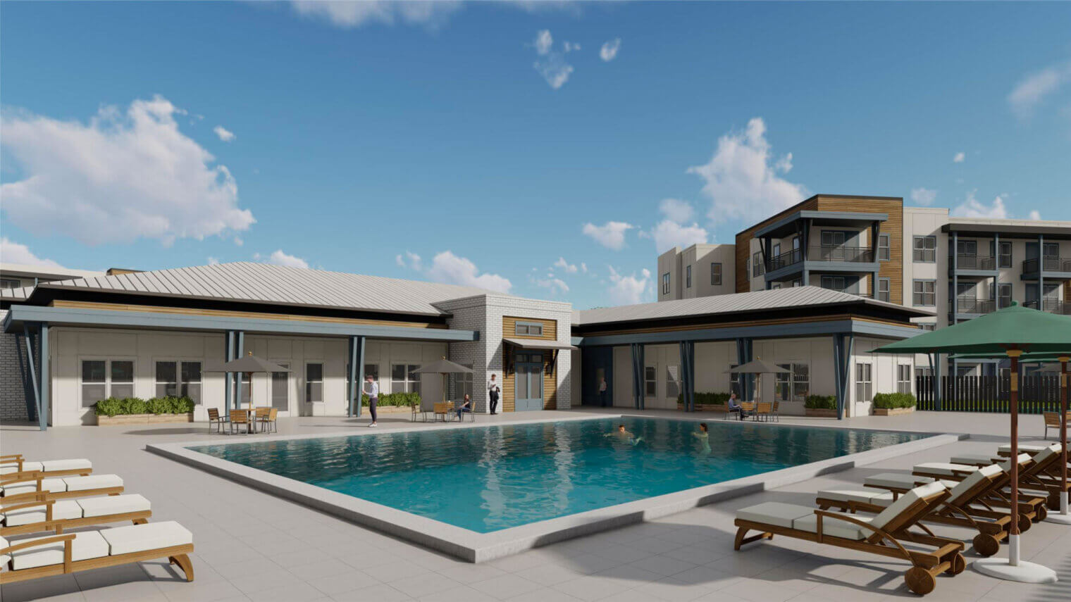 Aerial view of a resort-style saltwater pool deck at Venice Shores, featuring lounge seating, parasols, and modern landscaping in Venice, Florida.